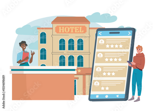 Hotel rating concept. Receptionist woman and man near smartphone with rating and ranking. Quality control. Holiday and vacation. Flat vector illustration isolated on white background