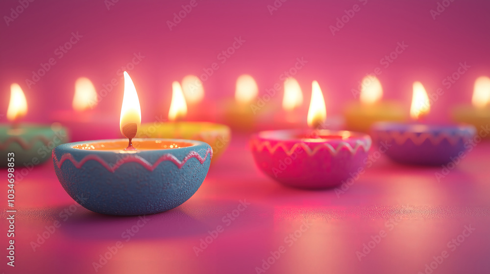 Happy diwali with colorful clay diya lamps glowing on a festive pink background during dipavali Happy diwali with colorful clay diya lamps glowing on a festive pink background during dipavali
