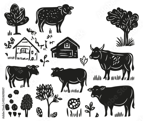Black and White Farm Animals and Landscape Illustration