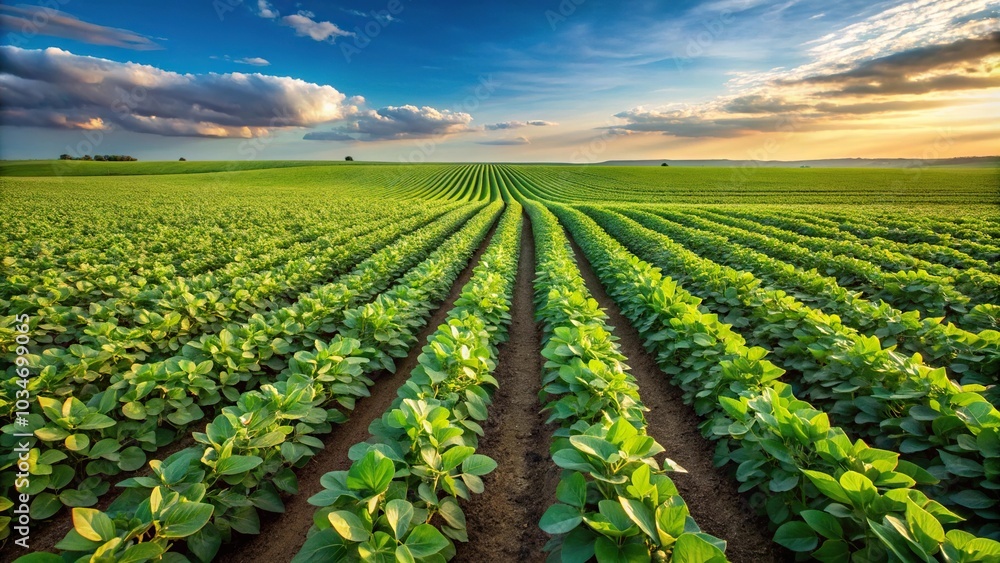 Agricultural soy plantation on field landscape with growing soybeans plant Agricultural soy plantation on field landscape with growing soybeans plant