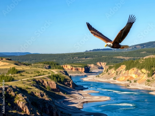 A large eagle is flying over a river and a mountain range. The eagle is soaring high in the sky, and the landscape below is breathtakingly beautiful. Concept of freedom and majesty