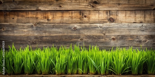 A weathered wooden fence stands tall, its surface marked by time and weather, creating a backdrop for a vibrant line of fresh green grass, symbolizing the cycle of life and the resilience of nature.