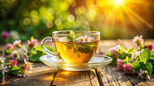 A steaming cup of herbal tea with delicate flowers, resting on weathered wood, bathed in the warm glow of sunlight.