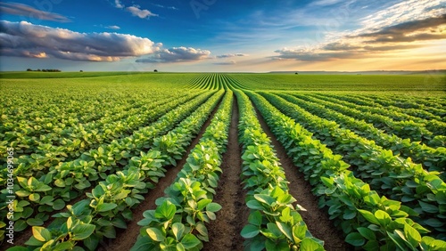 Agricultural soy plantation on field landscape with growing soybeans plant