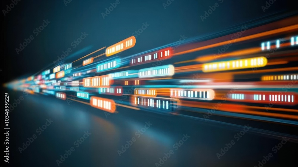 A colorful data stream of fast-moving blocks in red, blue, and orange streaks through a futuristic digital environment, symbolizing high-speed data transmission.. A colorful data stream of fast-moving blocks in red, blue, and orange streaks through a futuristic digital environment, symbolizing high-speed data transmission..