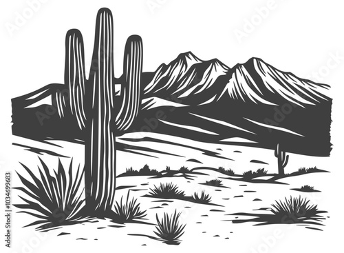 Desert Landscape with Cacti and Mountains Illustration