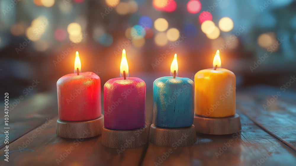 Hanukkah celebration featuring traditional wooden dreidels surrounded by festive decorations and lights Hanukkah celebration featuring traditional wooden dreidels surrounded by festive decorations and lights