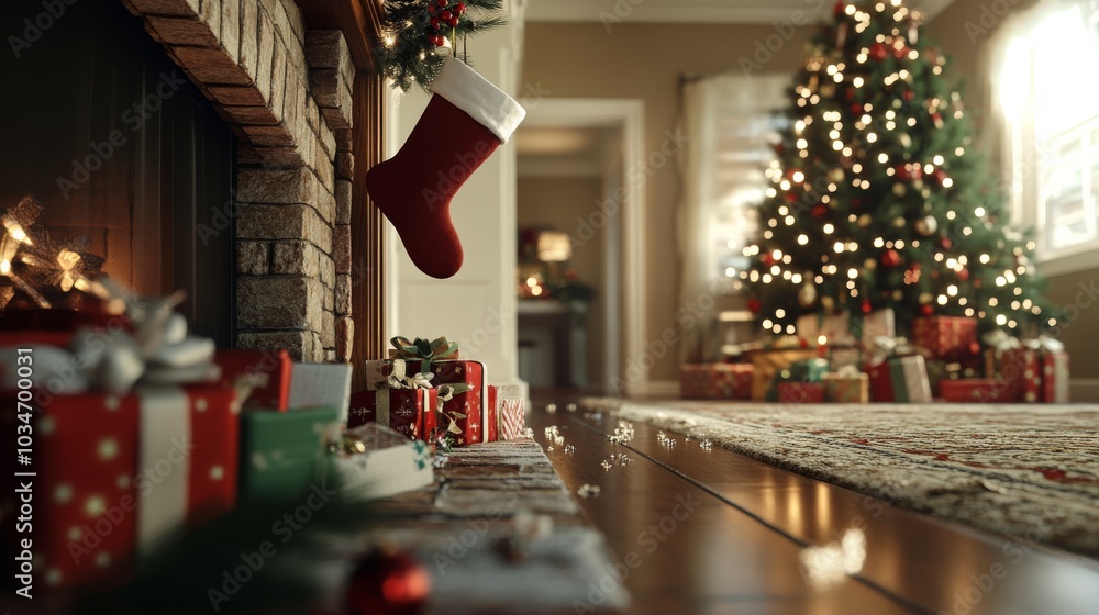 Ultra detailed, photorealistic scene of a Christmas morning with stockings hanging on a mantel Ultra detailed, photorealistic scene of a Christmas morning with stockings hanging on a mantel