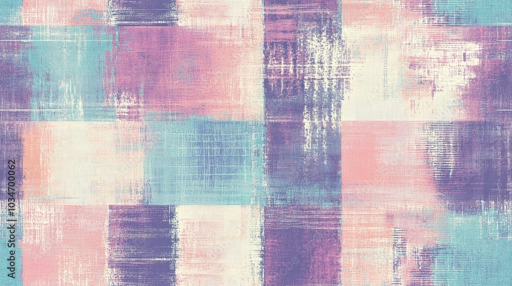Fototapeta premium Pastel colored uneven checks and stripes with woven textures in a seamless pattern design Distressed weave fabric texture Abstract grunge background illustration with repetitive elements