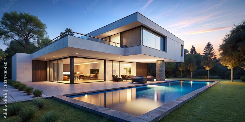 Fototapeta premium Modern Architectural Design Features a Spacious Outdoor Living Area with a Pool and Lush Greenery