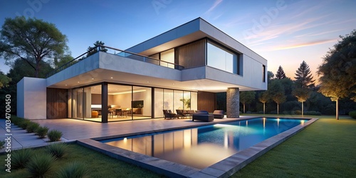 Modern Architectural Design Features a Spacious Outdoor Living Area with a Pool and Lush Greenery