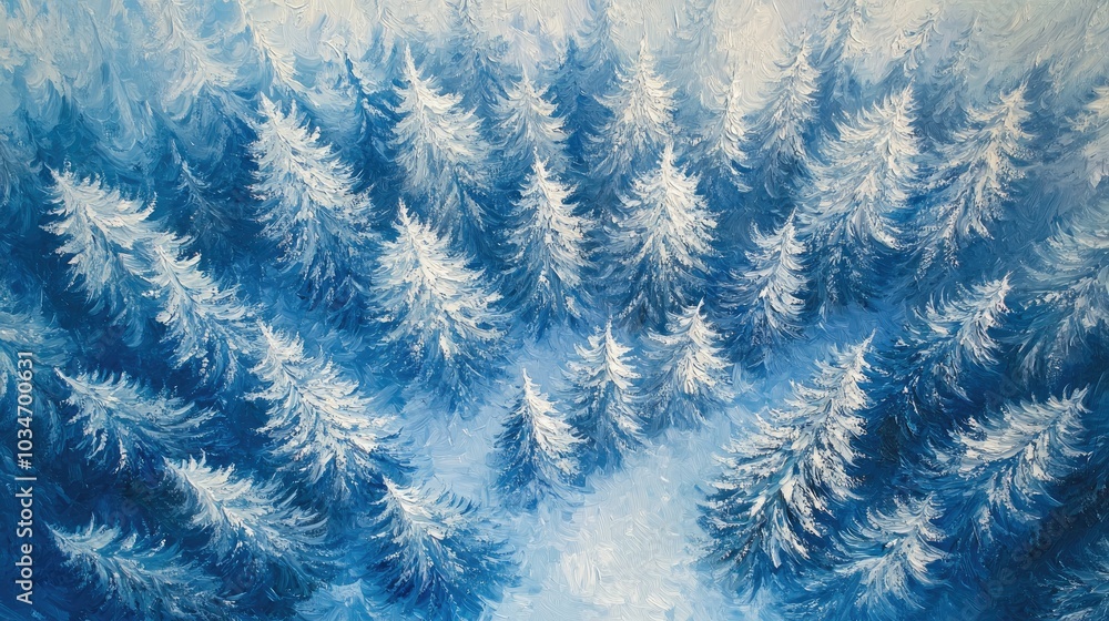 Aerial oil painting depicting a stunning winter forest showcasing the dramatic beauty of pine trees in a snowy landscape Aerial oil painting depicting a stunning winter forest showcasing the dramatic beauty of pine trees in a snowy landscape