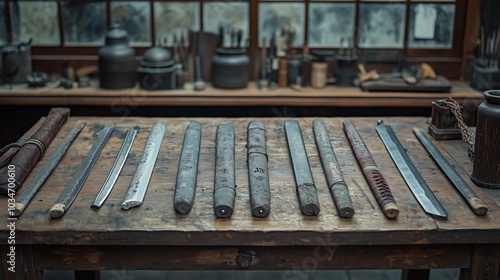 Traditional Samurai Sword Crafting Tools Displayed Neatly photo