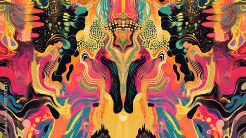 Psychedelic surreal poster featuring a geometric organic pattern created with vibrant colorful lines in a 1970s inspired style photo