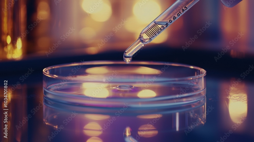 Pipette dripping liquid into a petri dish, highlighting laboratory research in drug development