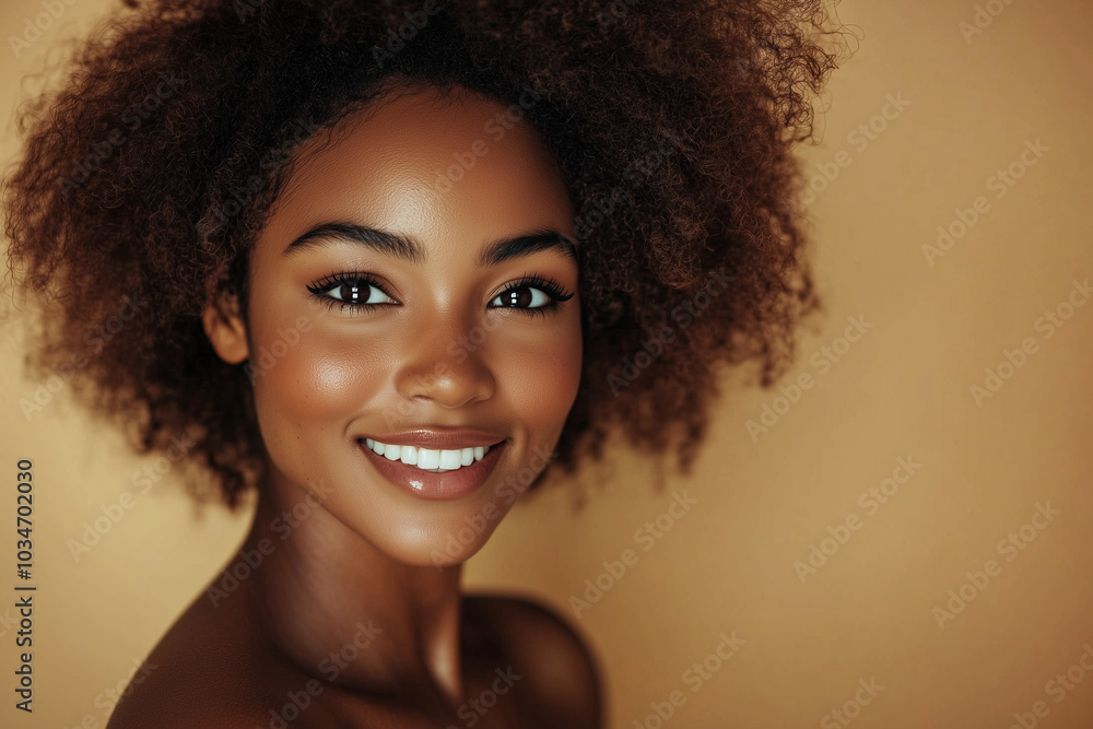 Beautiful black woman on neutral beige background, skincare. Beautiful black woman on neutral beige background, skincare.
