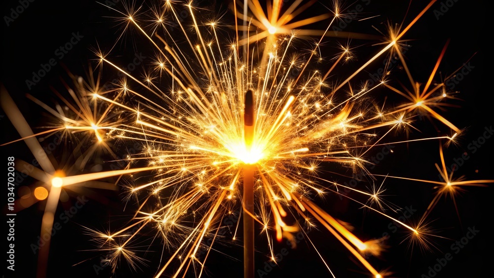 A single burning sparkler glows brightly in the darkness, its sparks a burst of golden fire against the black canvas of night. A single burning sparkler glows brightly in the darkness, its sparks a burst of golden fire against the black canvas of night.
