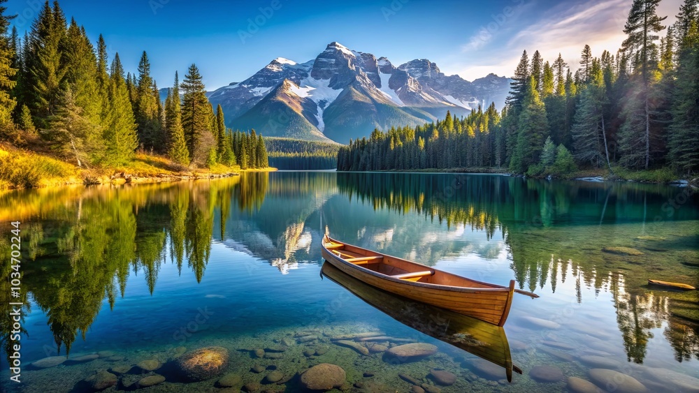 A lone wooden boat rests on the tranquil surface of a pristine lake surrounded by towering pine trees and snow-capped mountains reflecting in the clear blue water. A lone wooden boat rests on the tranquil surface of a pristine lake surrounded by towering pine trees and snow-capped mountains reflecting in the clear blue water.