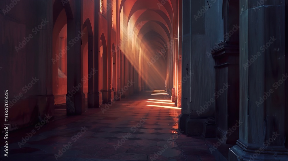Fototapeta premium Sunbeams Illuminate the Ancient Hallway