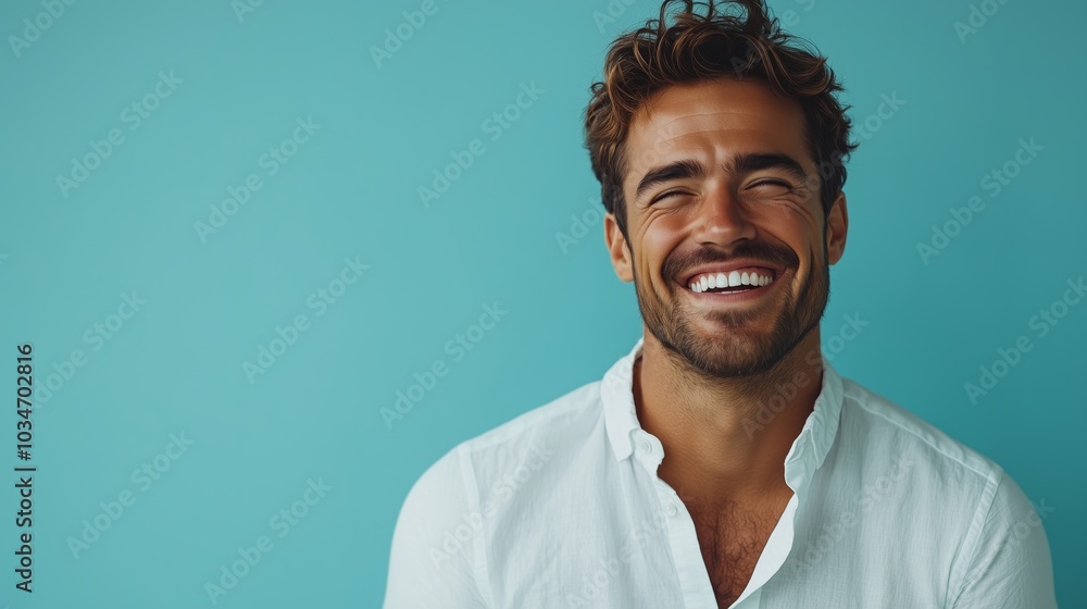 Portrait of a happy handsome man in a shirt with laughing