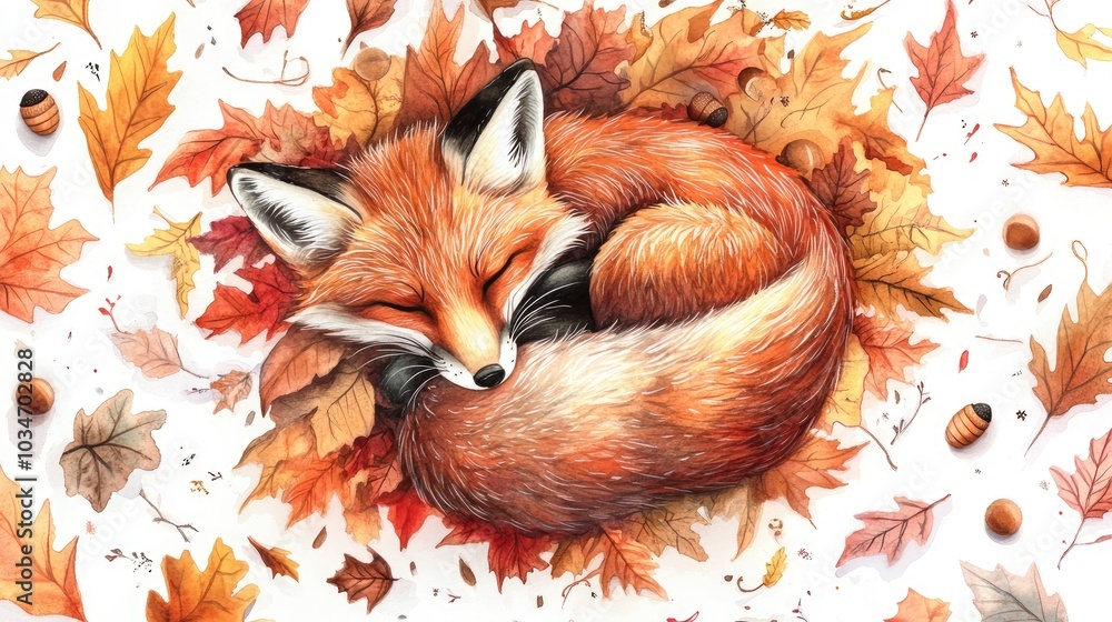 Fototapeta premium A watercolor depiction of a fox nestled within a vibrant swirl of autumn leaves and acorns featuring a white background and ample copy space