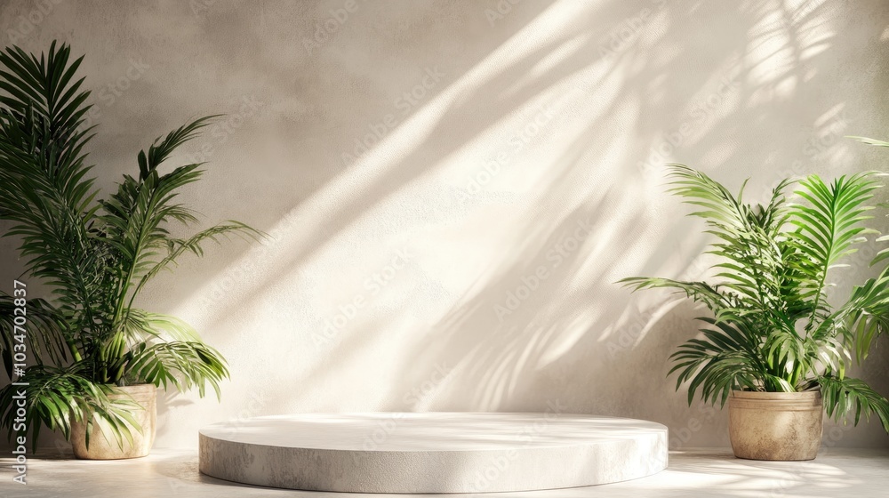Subtle botanical backdrop with wall shadow trendy frame cover card postcard Display pedestal stand showcase on soft pastel background for luxury product 3D rendering Subtle botanical backdrop with wall shadow trendy frame cover card postcard Display pedestal stand showcase on soft pastel background for luxury product 3D rendering