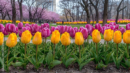 Lush garden landscape with vibrant tulips and fragrant magnolia blossoms in full bloom creating a serene and picturesque natural setting photo