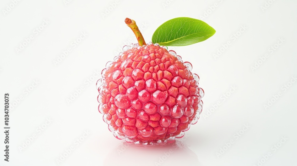 Vibrant pink fruit with bubble-like texture and green leaf, isolated on a white background, showcasing freshness and uniqueness. Vibrant pink fruit with bubble-like texture and green leaf, isolated on a white background, showcasing freshness and uniqueness.