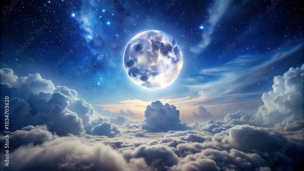 A celestial tapestry of swirling clouds, a luminous moon, and a sky studded with countless stars. A celestial tapestry of swirling clouds, a luminous moon, and a sky studded with countless stars.