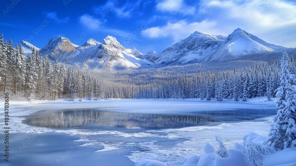 A breathtaking winter landscape featuring snow-covered mountains, a frozen lake, and frosty trees under a bright blue sky. A breathtaking winter landscape featuring snow-covered mountains, a frozen lake, and frosty trees under a bright blue sky.