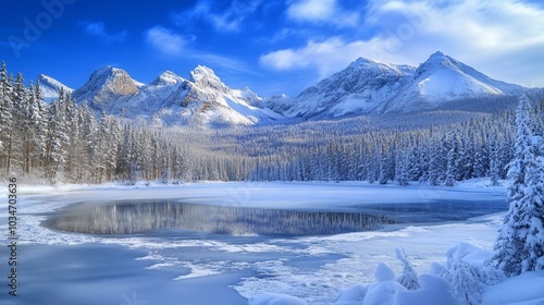 A breathtaking winter landscape featuring snow-covered mountains, a frozen lake, and frosty trees under a bright blue sky.