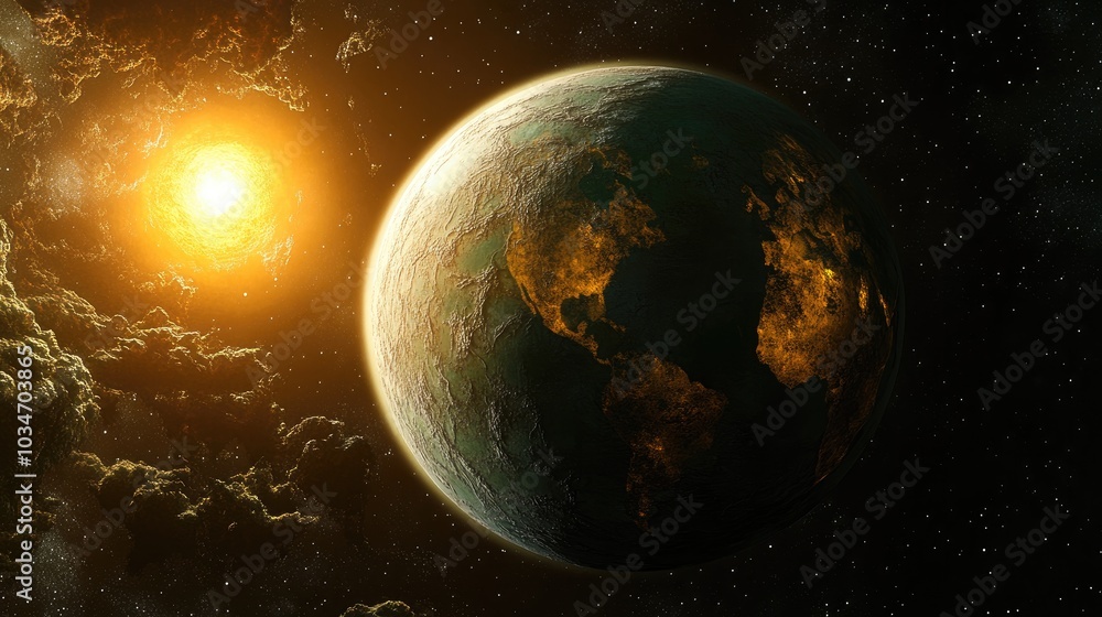 Fototapeta premium Rendering of a 3D cartoon representation of a terrestrial planet characterized by a thin atmosphere featuring craters volcanoes valleys and deserts positioned near the Sun