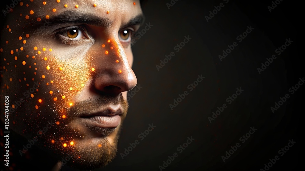 A close-up portrait of a man with a beard, his face adorned with luminous orange dots, revealing an intense gaze and a sense of mystery. A close-up portrait of a man with a beard, his face adorned with luminous orange dots, revealing an intense gaze and a sense of mystery.