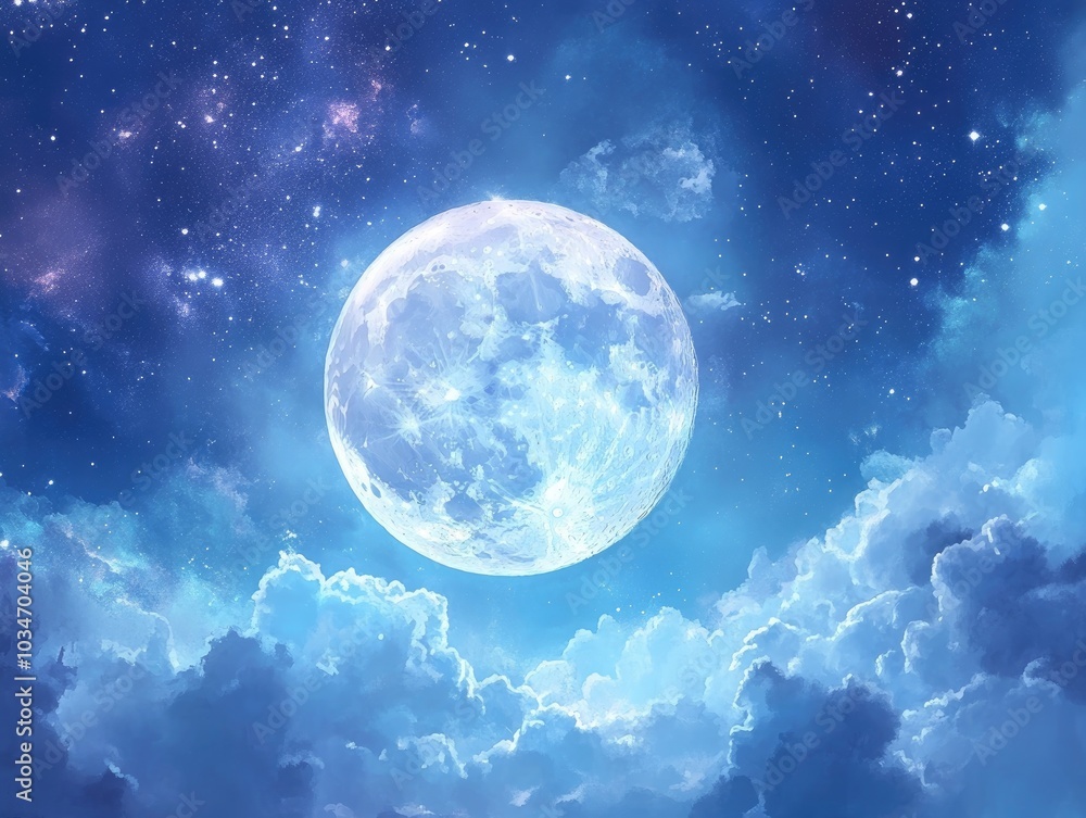 Artistic depiction of the moon surrounded by clouds and stars ideal for a serene dreams themed wallpaper Artistic depiction of the moon surrounded by clouds and stars ideal for a serene dreams themed wallpaper