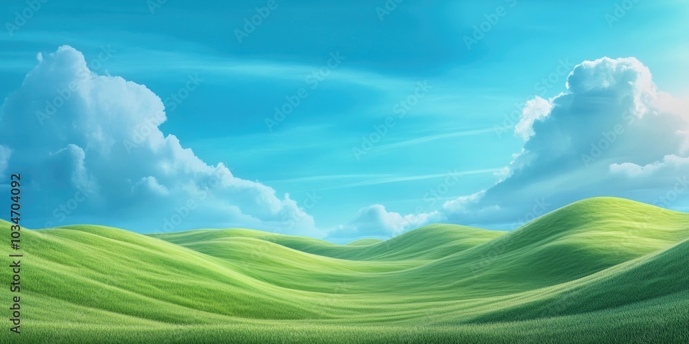 Obraz premium Vast grassland under a clear blue sky, Expansive green field beneath a bright blue sky