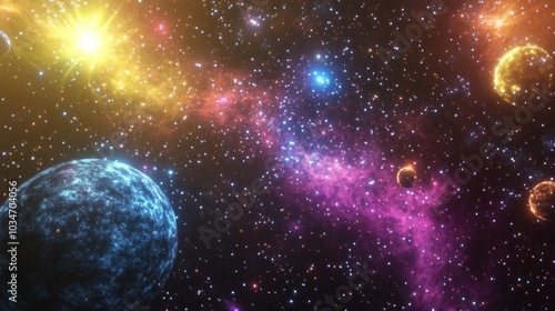 Fototapeta Naklejka Na Ścianę i Meble -  Cartoon rendering in 3D of a distant outer space scene featuring a starfield