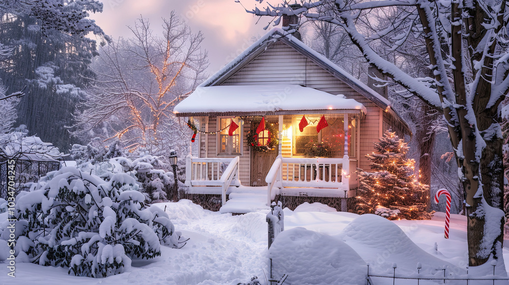 Snowy cabin with warm glowing windows, Christmas decor, snow sparkling under a winter sunset. Snowy cabin with warm glowing windows, Christmas decor, snow sparkling under a winter sunset.