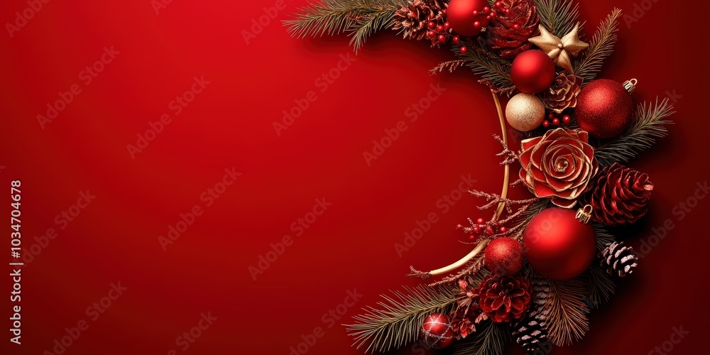 Festive Red Background with Christmas Ornaments and Foliage Festive Red Background with Christmas Ornaments and Foliage