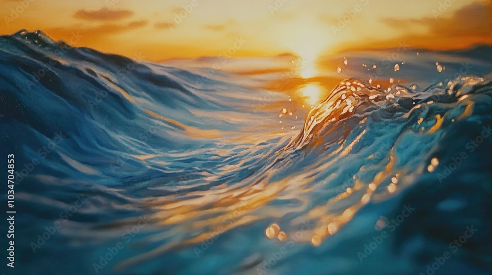 Oil painting featuring a close up perspective of swimming in the ocean at sunset emphasizing a macro point of view and the beauty of the water Oil painting featuring a close up perspective of swimming in the ocean at sunset emphasizing a macro point of view and the beauty of the water