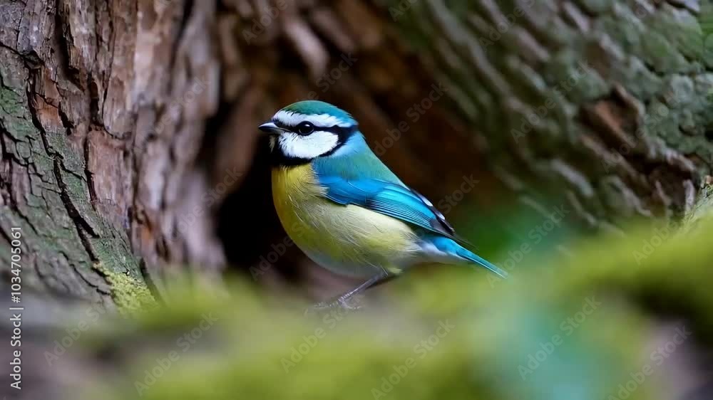 A charming blue tit bird perches on a tree branch, showcasing its vibrant colors and delicate feathers A charming blue tit bird perches on a tree branch, showcasing its vibrant colors and delicate feathers