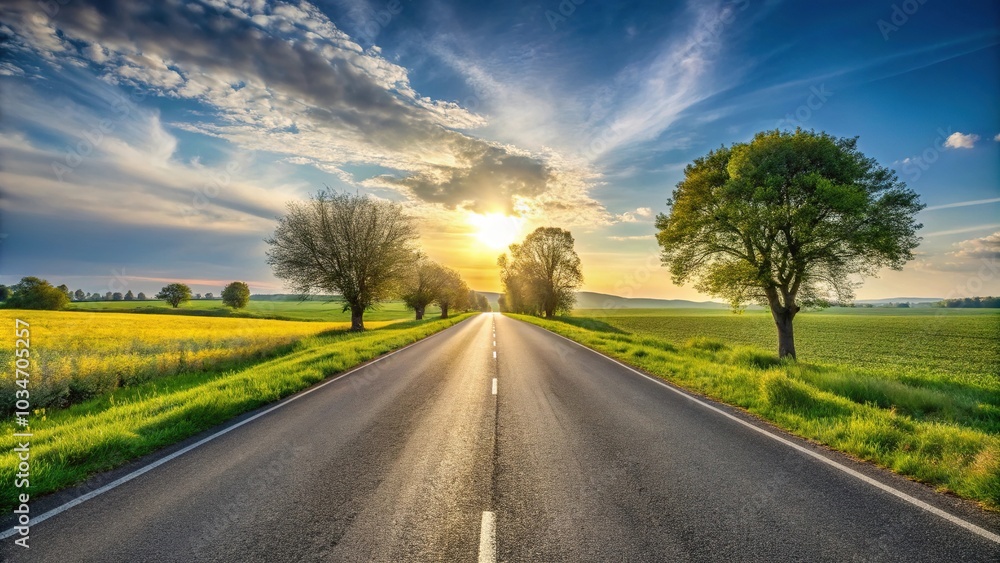 asphalt road panorama in countryside on sunny spring evening asphalt road panorama in countryside on sunny spring evening