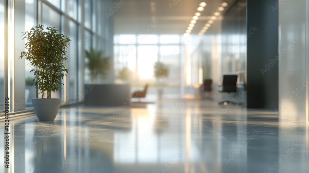 3D rendering of a blurred office background featuring a modern business hall with light reflections on the floor creating an abstract atmosphere 3D rendering of a blurred office background featuring a modern business hall with light reflections on the floor creating an abstract atmosphere
