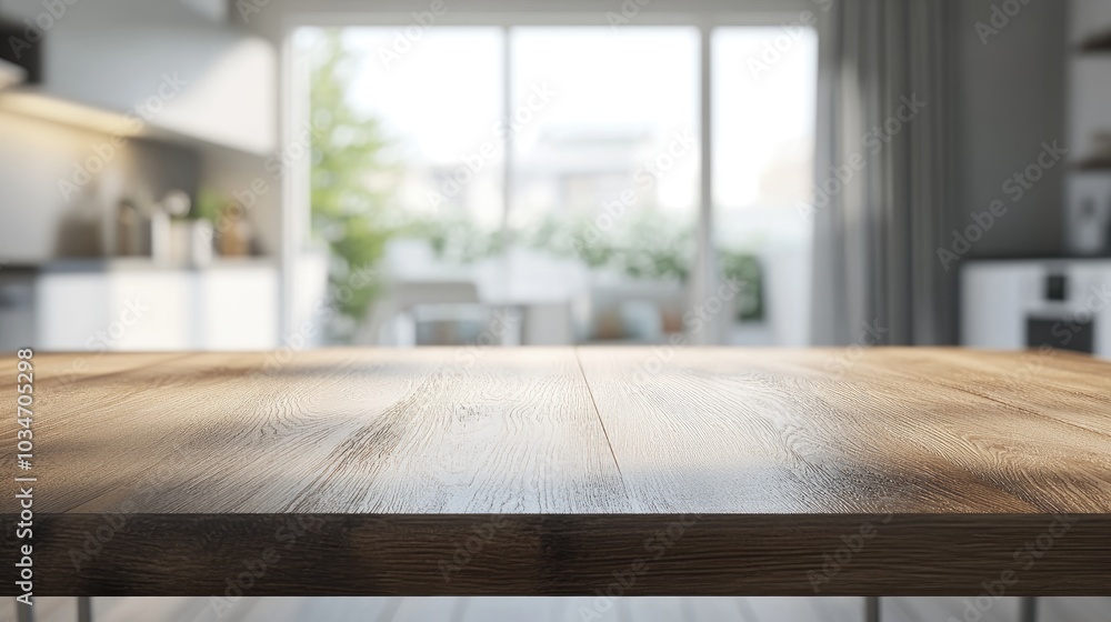 3D rendering of an empty dining table in a blurred modern kitchen interior 3D rendering of an empty dining table in a blurred modern kitchen interior