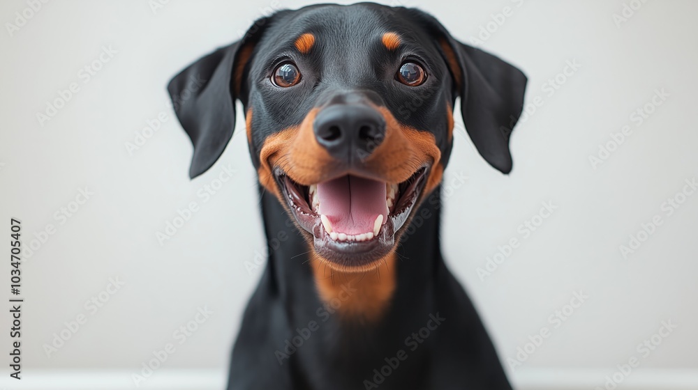 portrait of a happy smiling Doberman Pinscher dog on a white background portrait of a happy smiling Doberman Pinscher dog on a white background