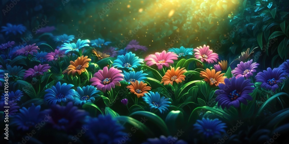 Fototapeta premium Vibrant flowers surrounded by lush green foliage in the morning light, Colorful flowers amidst green leaves in morning sunlight