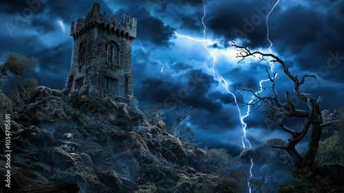 A dramatic scene of a medieval tower on a rocky hill, surrounded by dark storm clouds and illuminated by a bright lightning bolt.