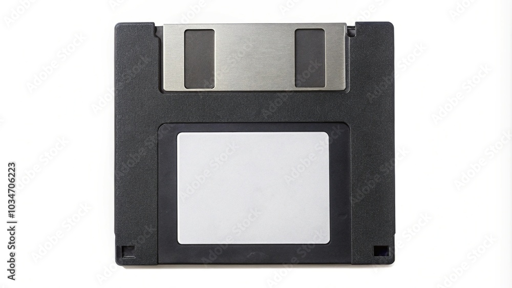 Asymmetrical black floppy disk front and back with blank label isolated on white background clipping path Asymmetrical black floppy disk front and back with blank label isolated on white background clipping path