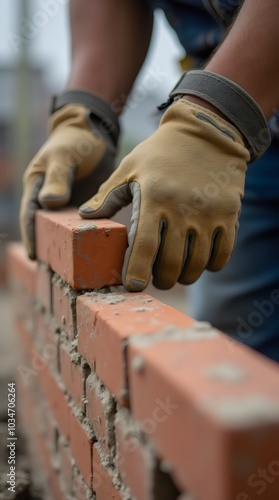 Builder's Hands Placing Brick in Wall Construction