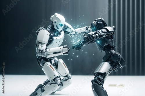 Two highly advanced robots engage in an intense battle, showcasing futuristic technology, with sparks flying from their powerful interaction.. photo