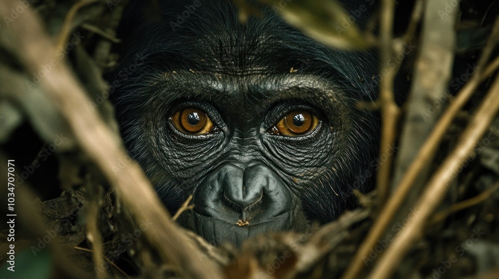 Bonobo Peeking Through Foliage Bonobo Peeking Through Foliage
